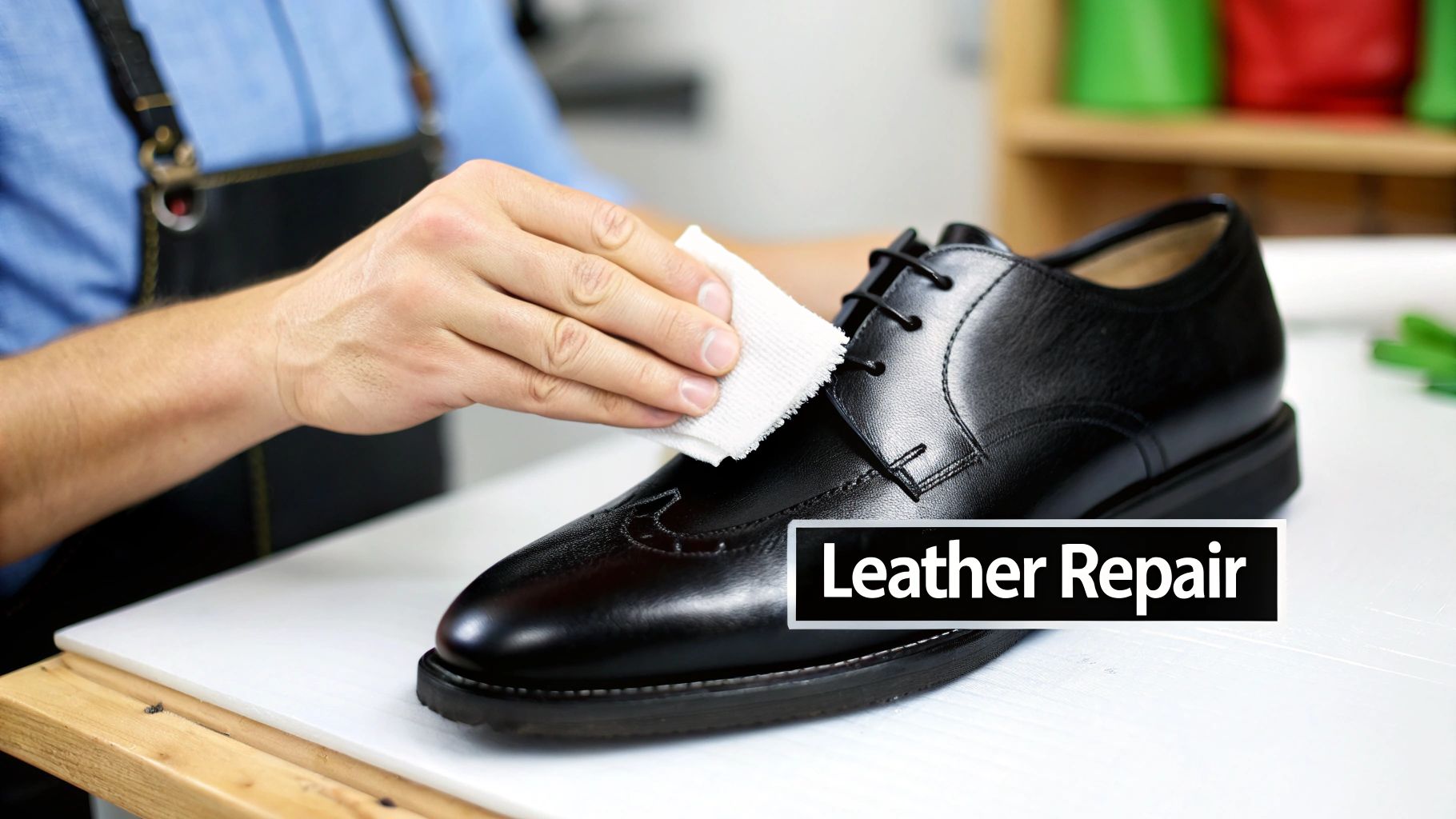 Close-up of a person's hands polishing a black leather dress shoe with a white cloth.