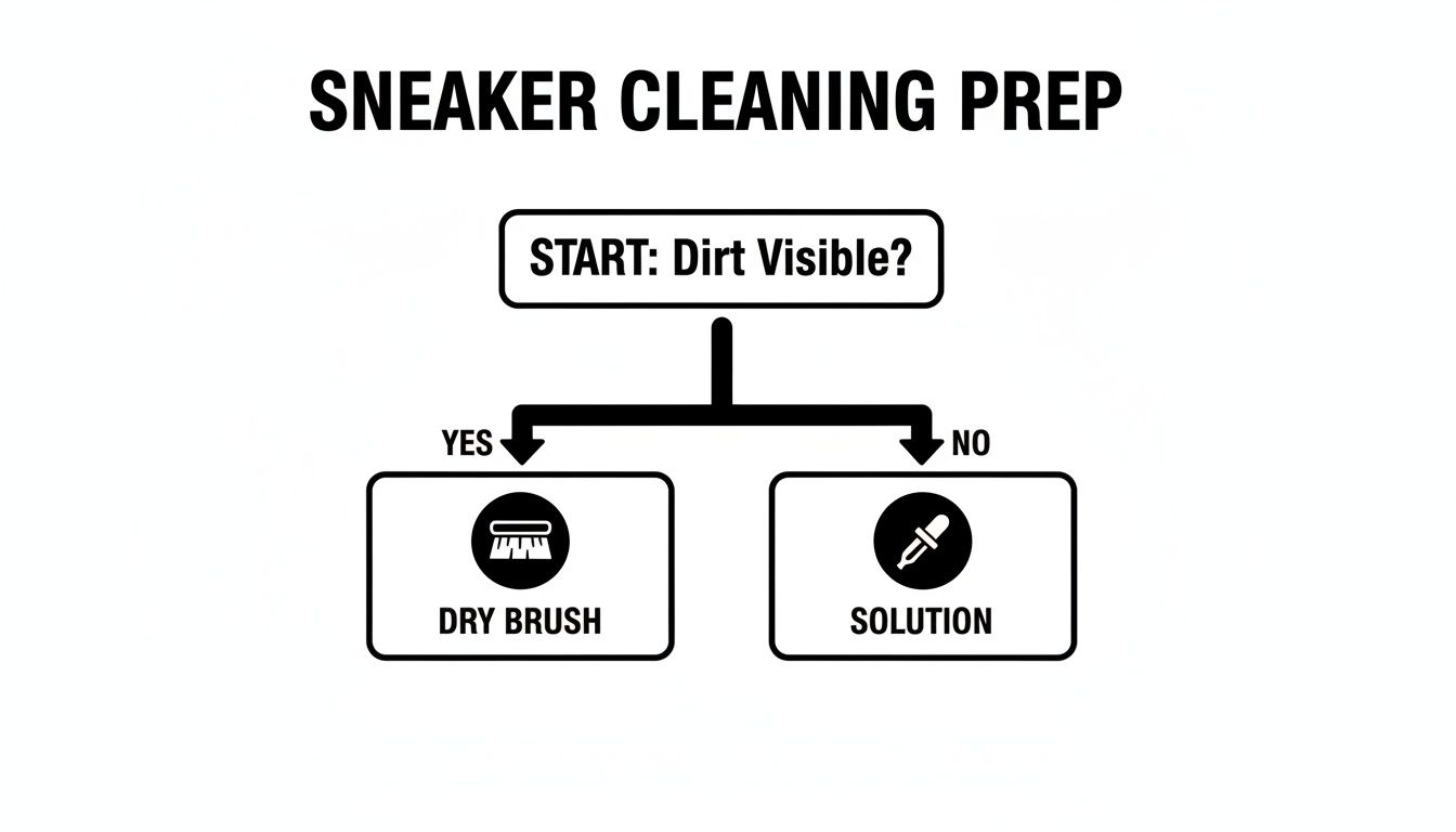 Flowchart illustrating sneaker cleaning prep steps, asking if dirt is visible, then suggesting dry brush or solution.