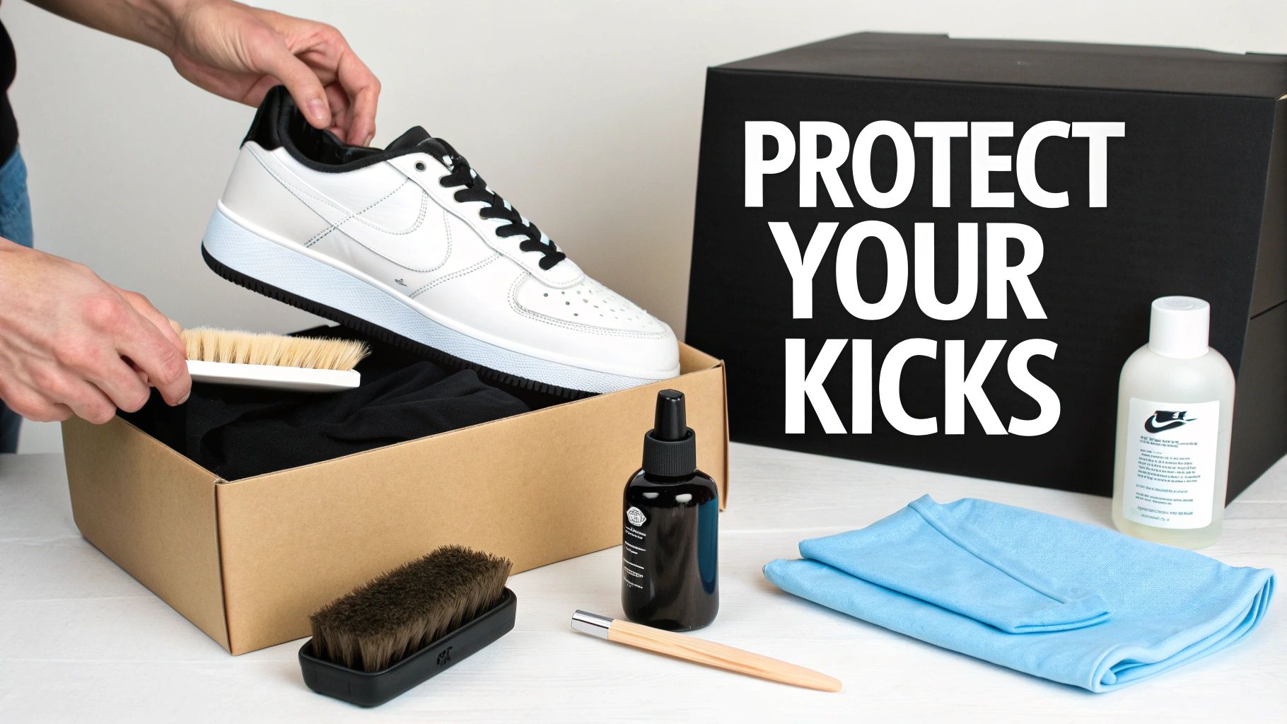 Hands meticulously cleaning a white Nike sneaker with brushes, cleaning solutions, and cloths.