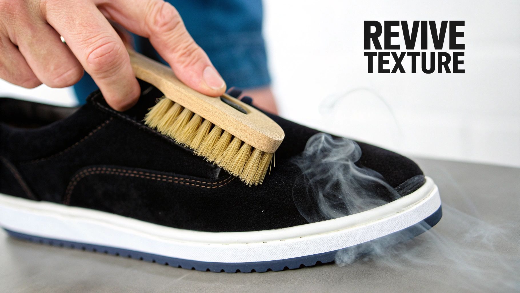 A hand uses a wooden brush on a black suede shoe, with steam rising to revive texture.