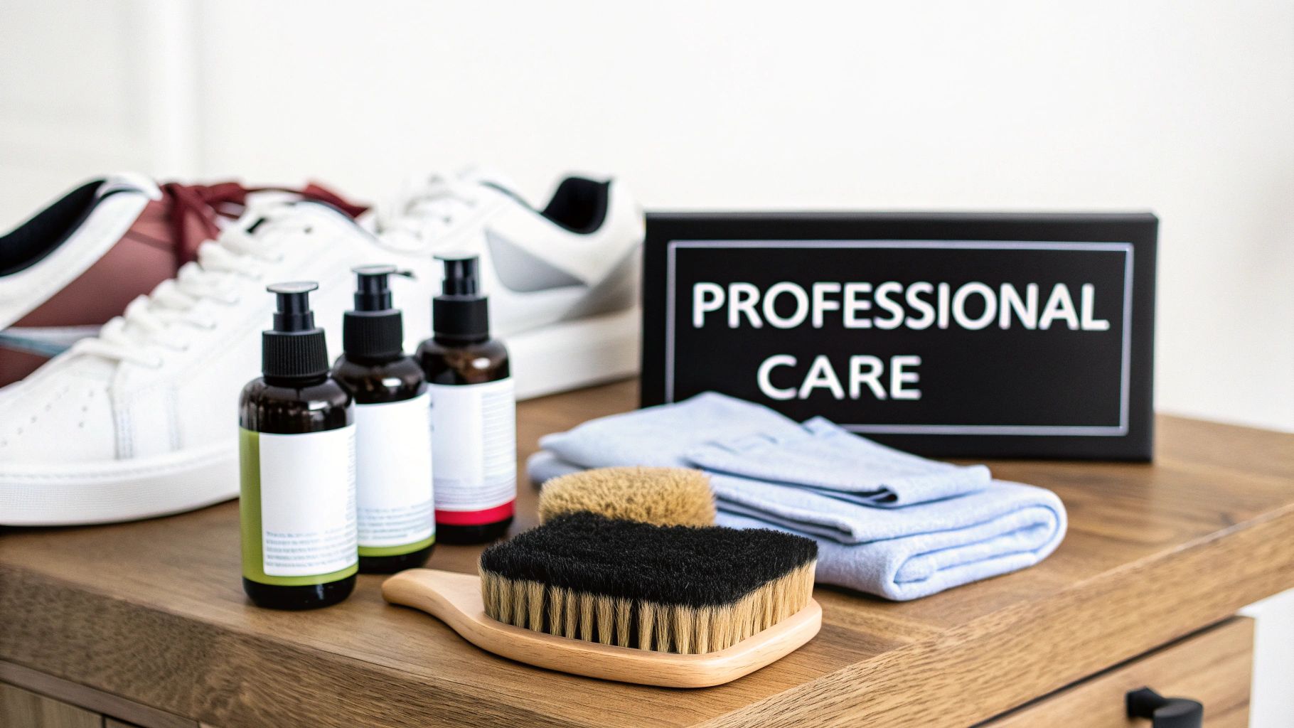 A selection of professional sneaker cleaning products, including solutions, brushes, cloths, and sneakers.