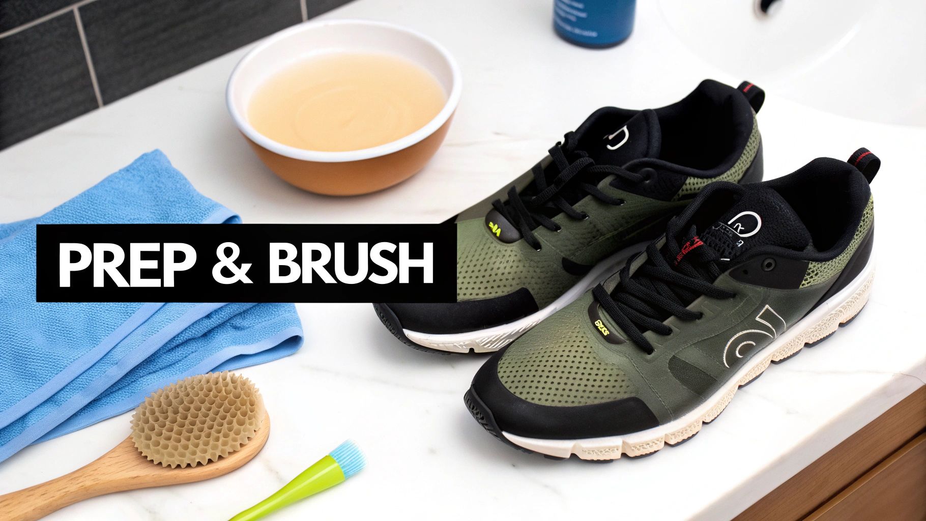 Items for cleaning olive green shoes, including a cleaning solution, towel, and brushes, on a white countertop.