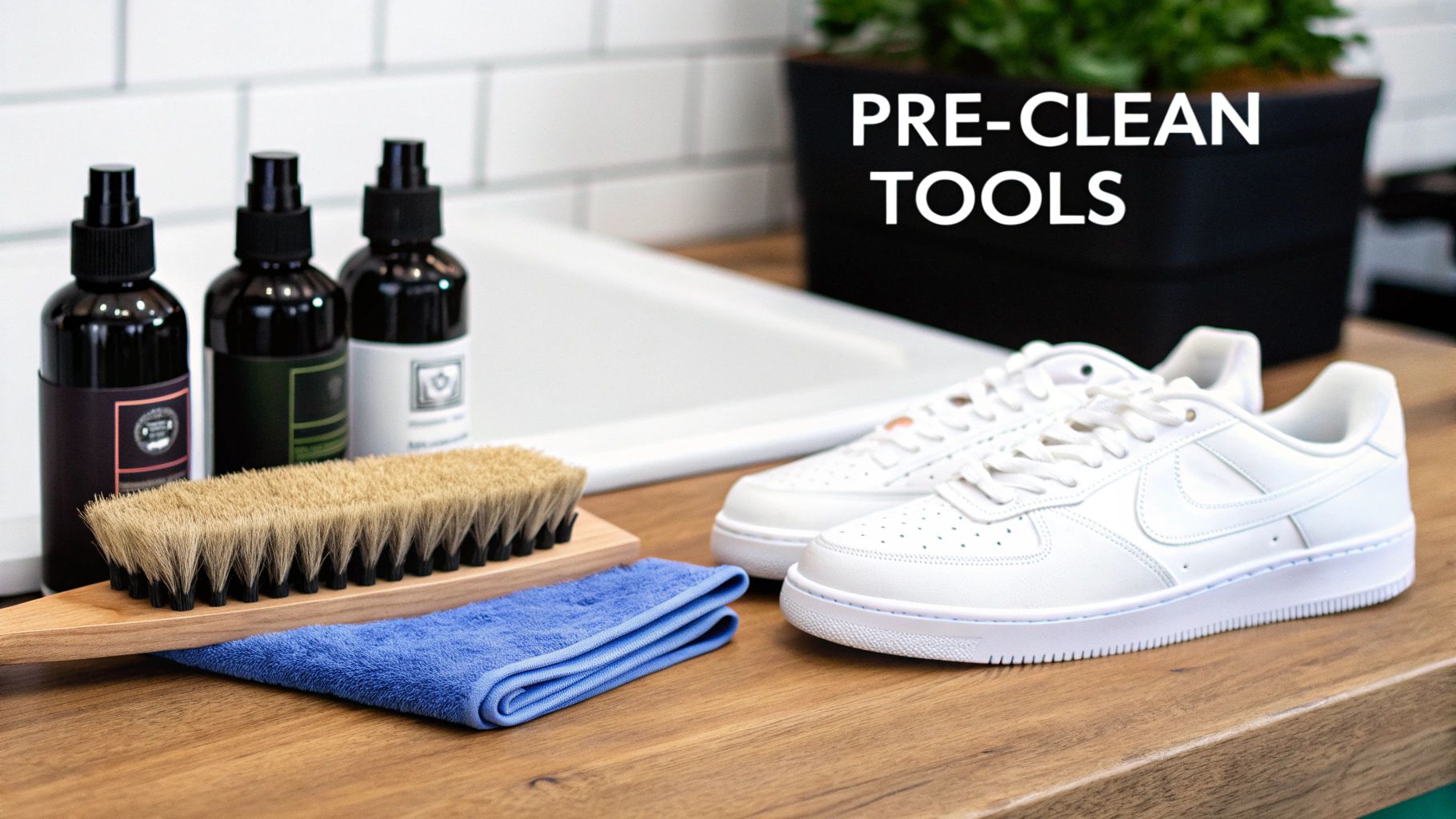 Pre-clean tools for white sneakers, including spray bottles, a brush, and cloth, on a wooden surface.