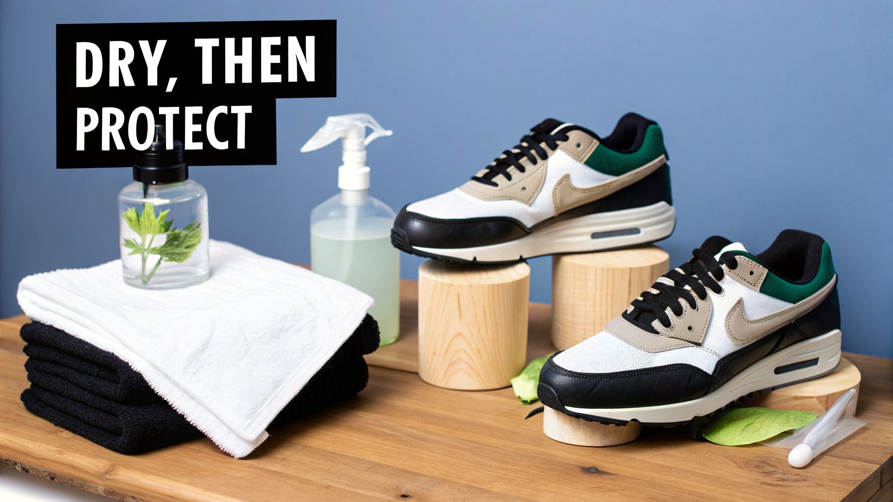 Two Nike Air Max shoes on wooden stands with towels, spray bottle, and other cleaning supplies.