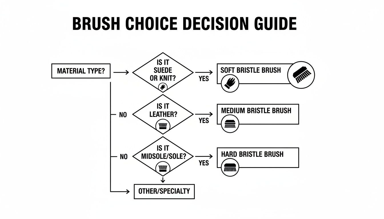 Flowchart guiding brush choice for cleaning different material types like suede, leather, and soles.