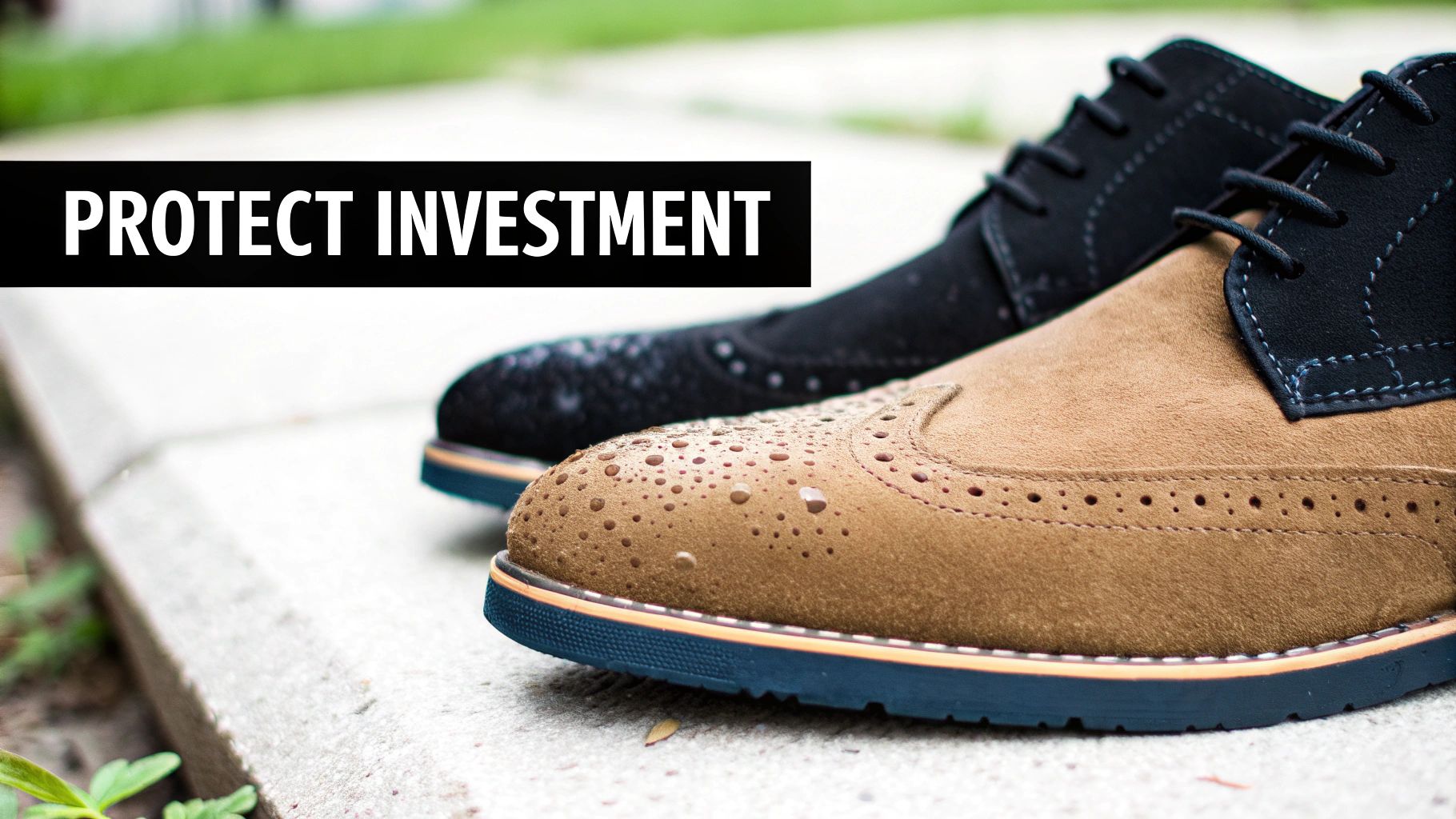 Close-up of a tan suede shoe with water droplets next to a black suede shoe.