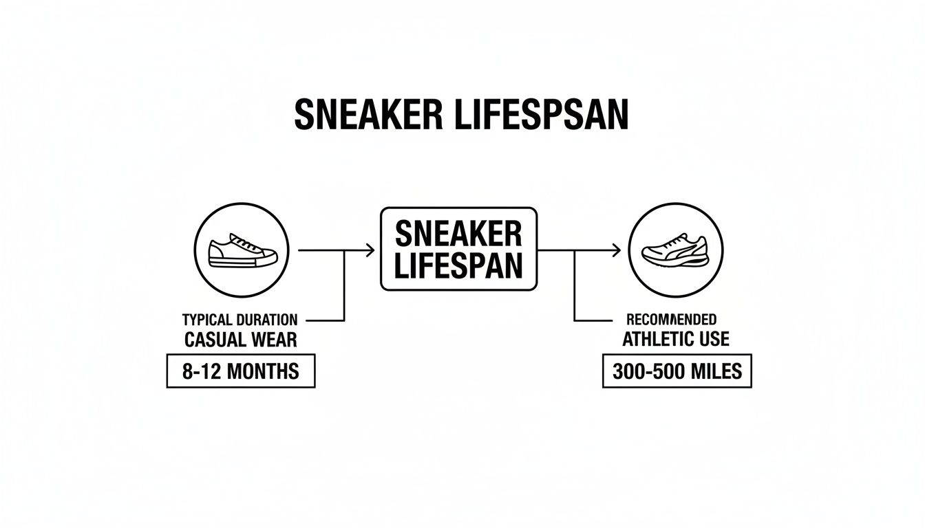 A diagram illustrating sneaker lifespan, showing 8-12 months for casual wear and 300-500 miles for athletic use.