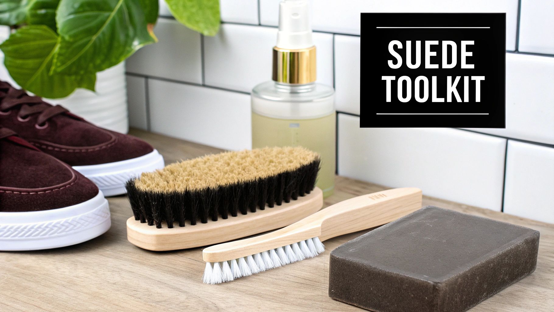A suede cleaning toolkit featuring burgundy sneakers, two brushes, a suede eraser, and a spray bottle.