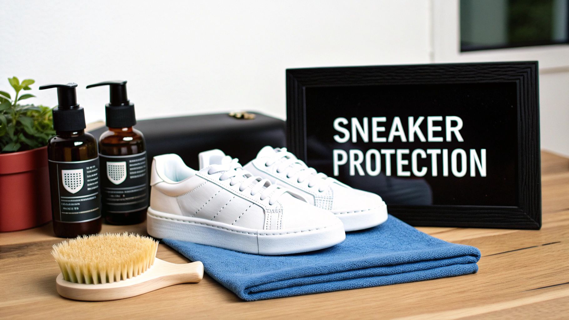 A sneaker cleaning protection kit with white tennis shoes, bottles, a brush, towel, and 'SNEAKER PROTECTION' sign.