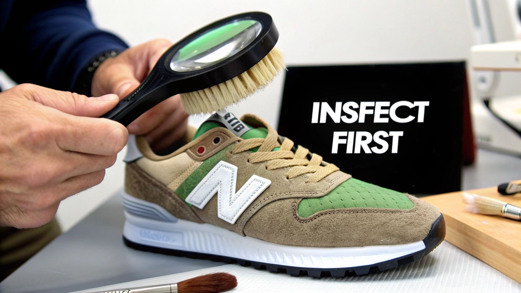 A person uses a magnifying glass and brush to inspect and clean a green and brown New Balance sneaker.