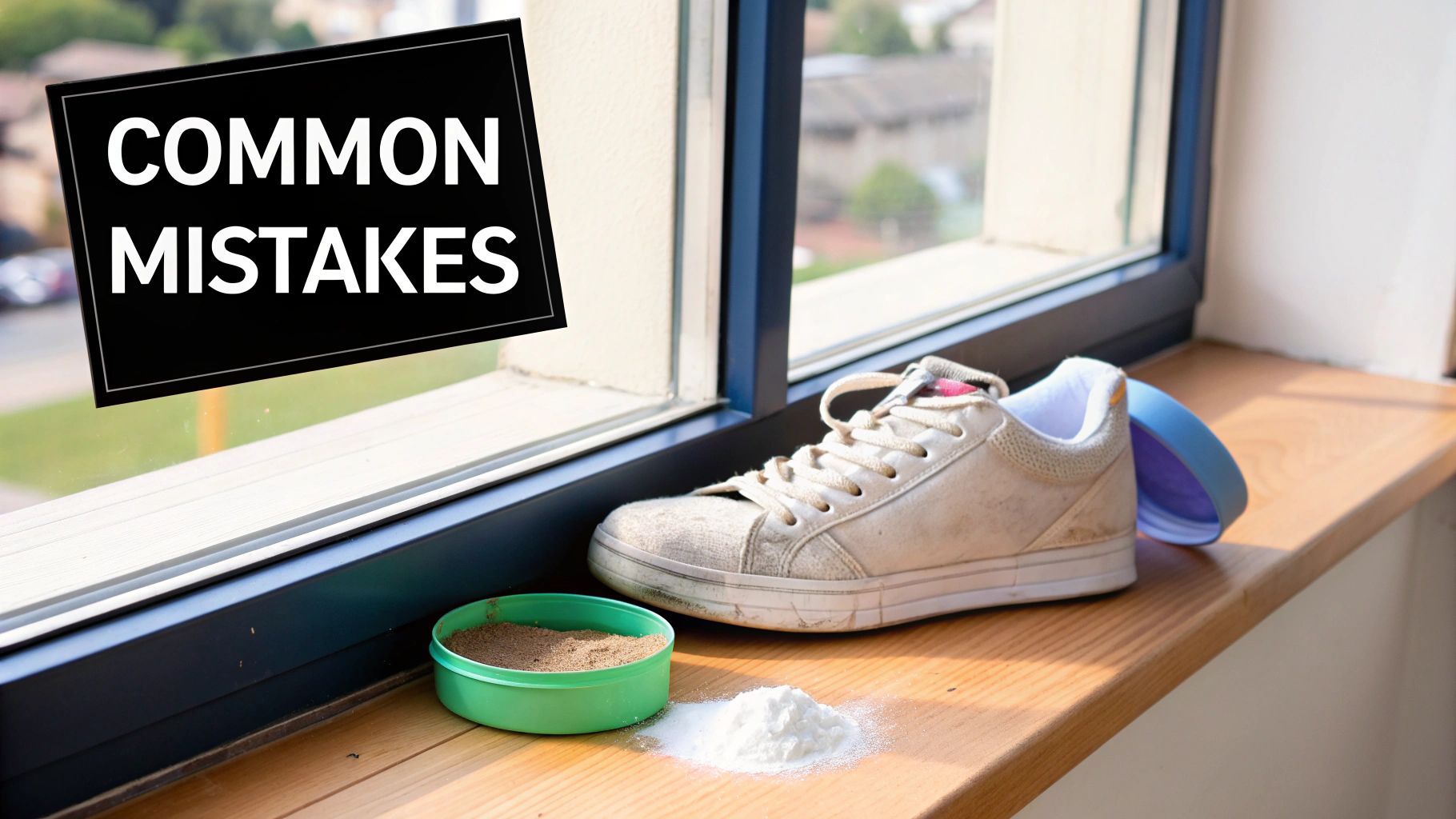 Common mistakes sign over a dirty white sneaker with white and brown powders on a wooden windowsill.