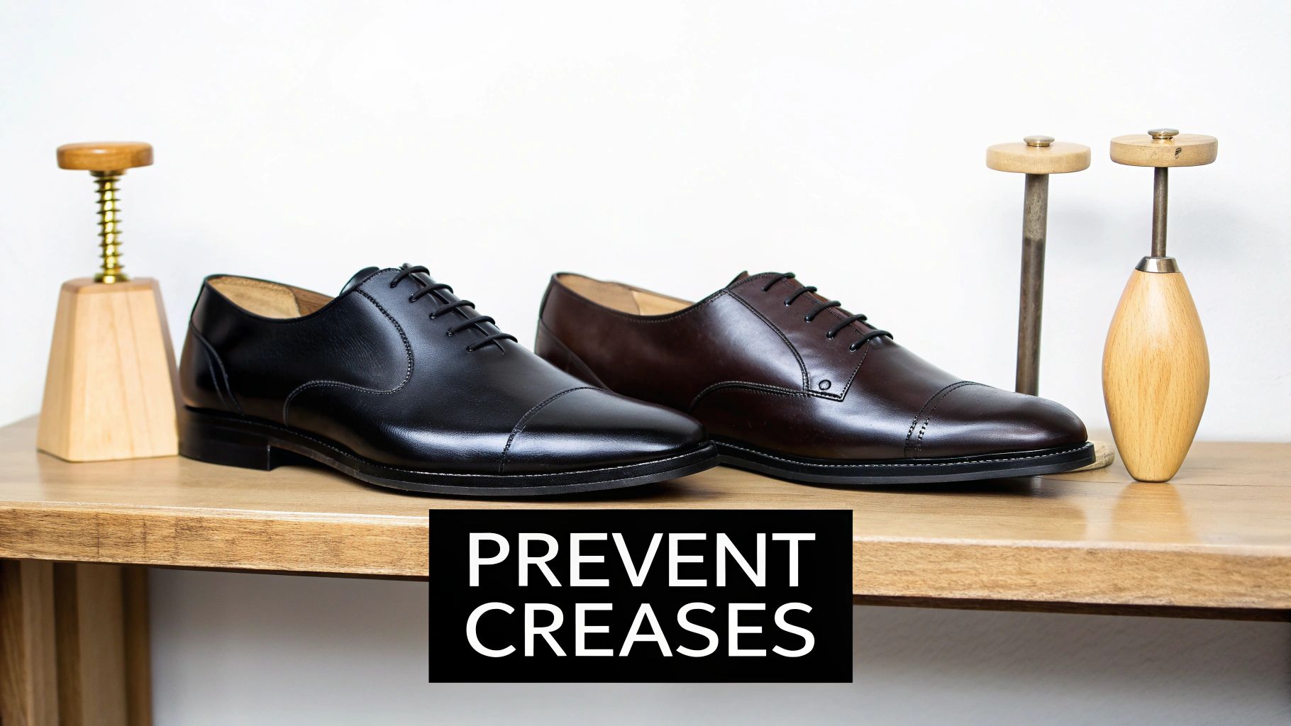 Two pairs of classic leather dress shoes (black and brown) with shoe trees, promoting crease prevention.