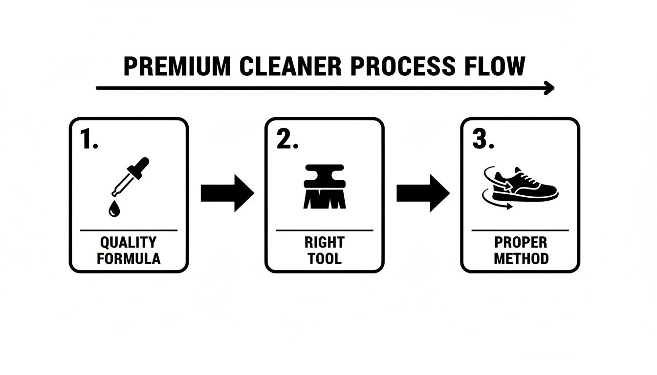 A diagram outlining a premium cleaner process flow with three steps: quality formula, right tool, and proper method.