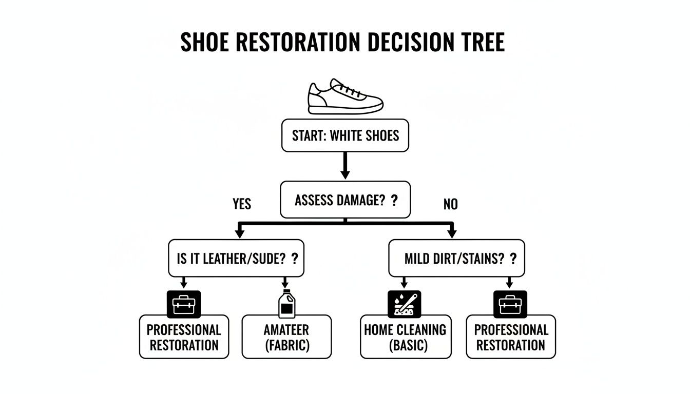Decision tree for restoring white shoes, guiding users on cleaning methods based on damage and material.