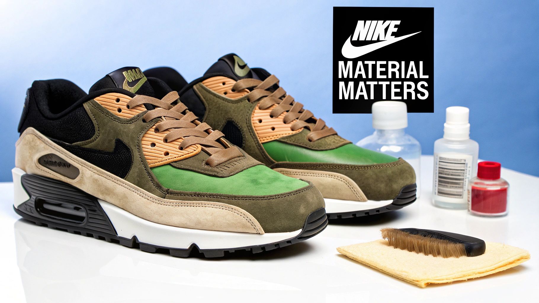 Nike Air Max shoes and cleaning supplies on a table, with a 'Nike Material Matters' logo.