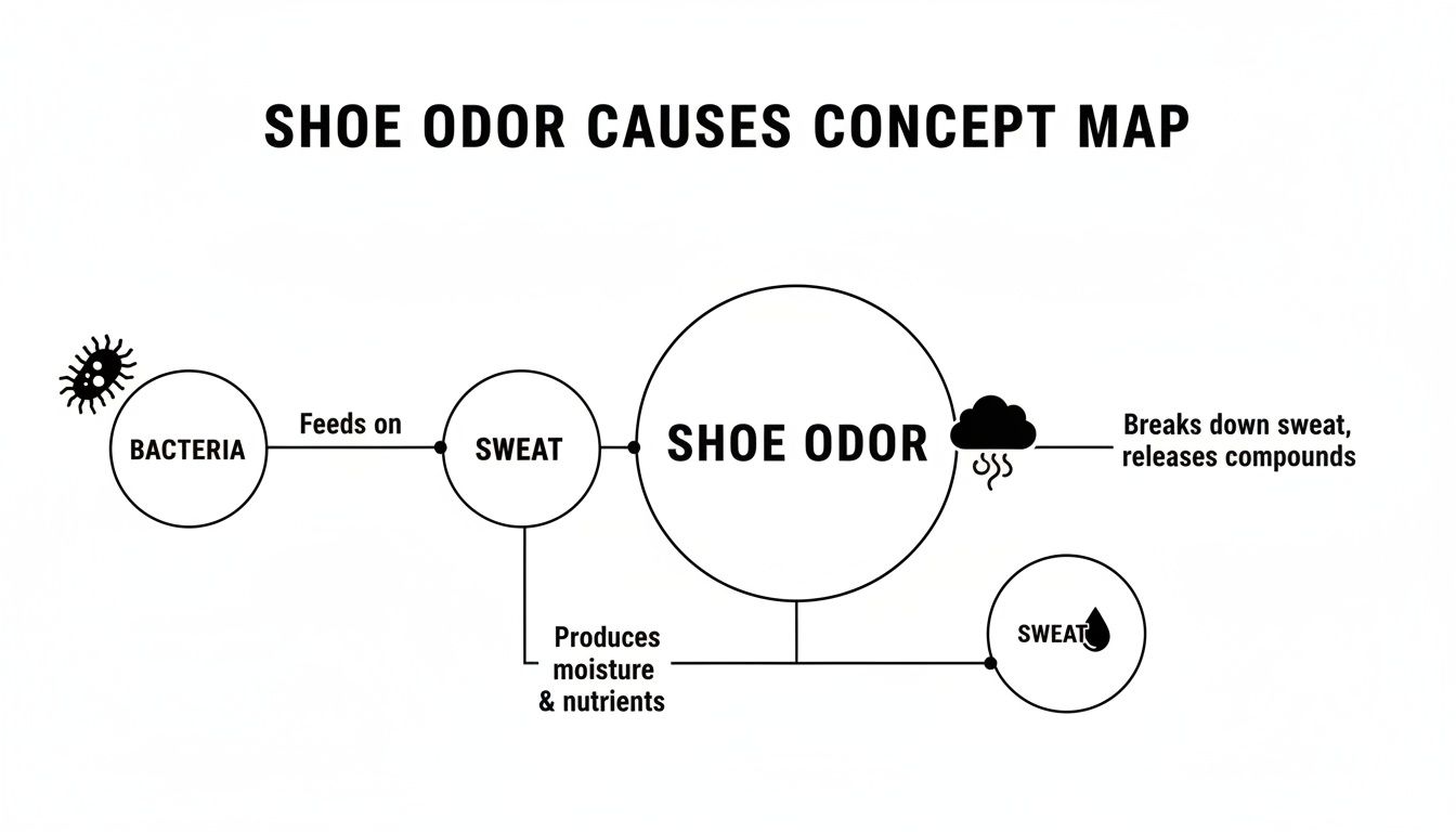 A concept map illustrating how bacteria feed on sweat, producing moisture and nutrients that lead to shoe odor.