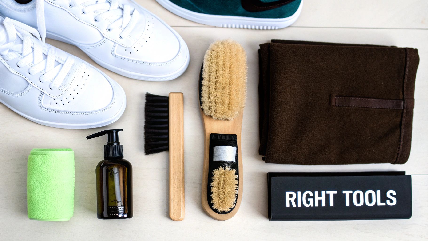A complete sneaker care kit featuring cleaning brushes, cloth, cleaner, and white sneakers.
