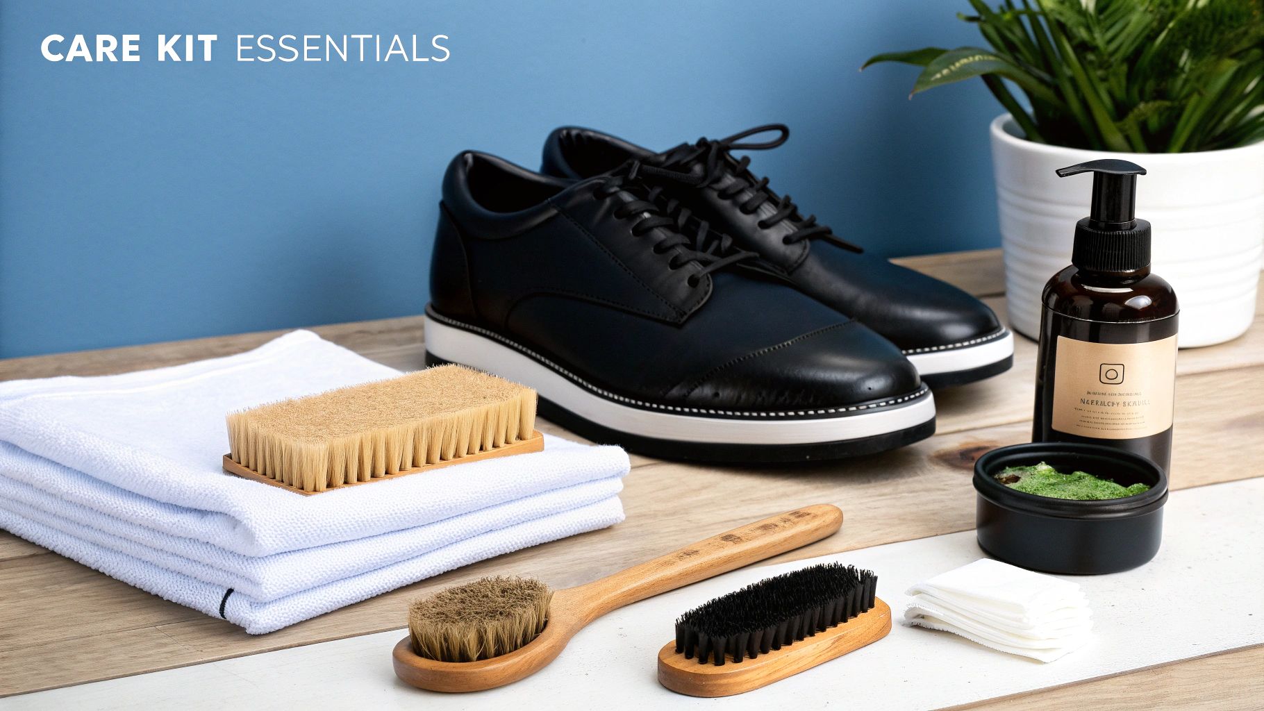 A shoe care kit with black leather shoes, brushes, towels, and cleaning products on a wooden surface.