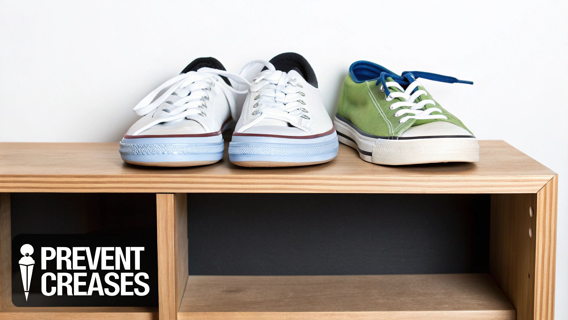 Three pairs of casual canvas sneakers, two white and one green, are displayed on a wooden shelf with a 'Prevent Creases' sign.