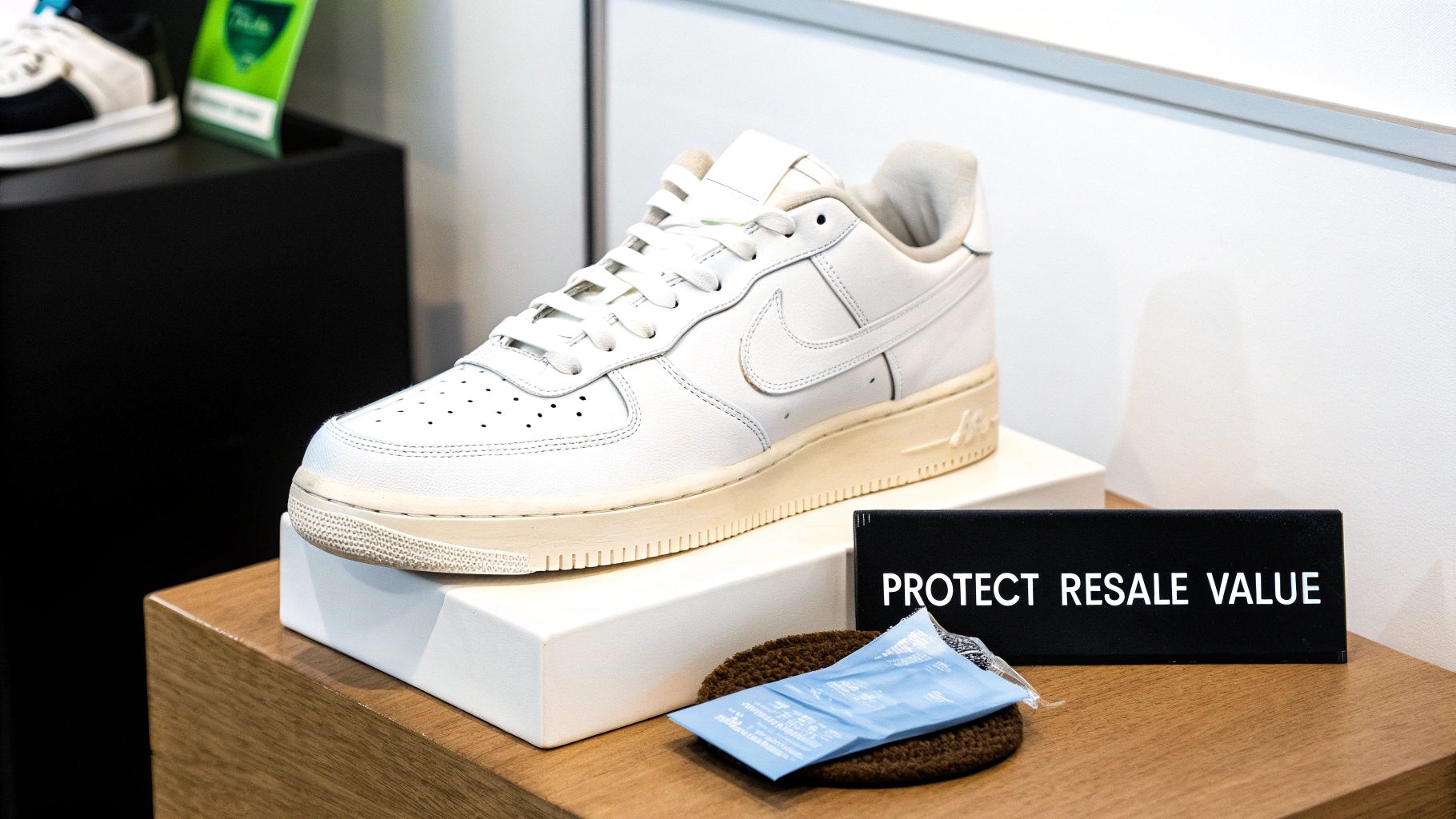 White Nike sneaker displayed on a stand with a 'PROTECT RESALE VALUE' sign and blue wipes.
