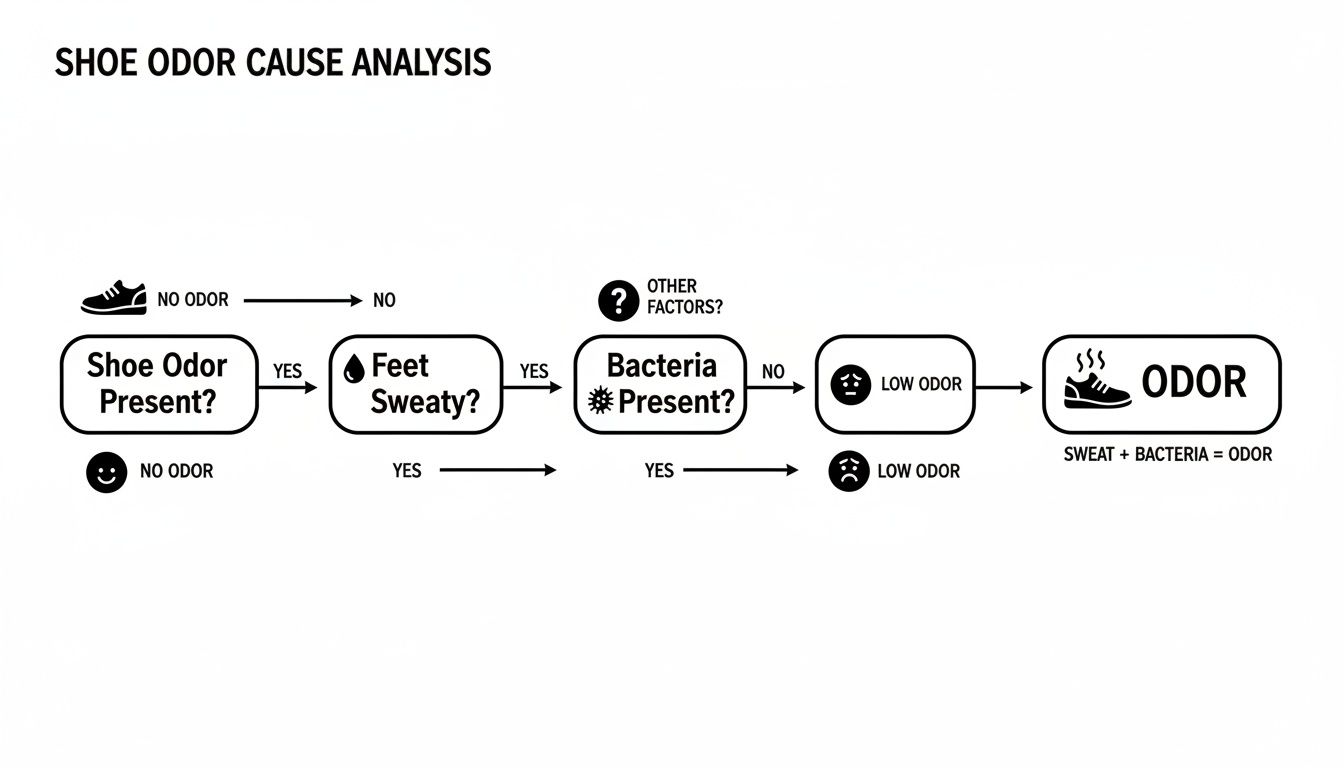 Flowchart illustrating shoe odor cause analysis, showing sweat and bacteria lead to odor.