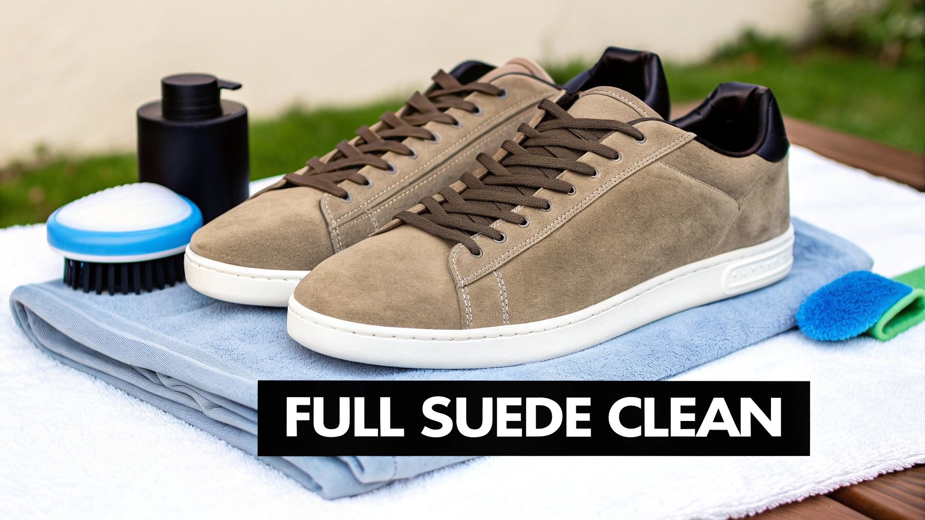 A pair of tan suede sneakers with a cleaning kit, including a brush and solution, on a towel.