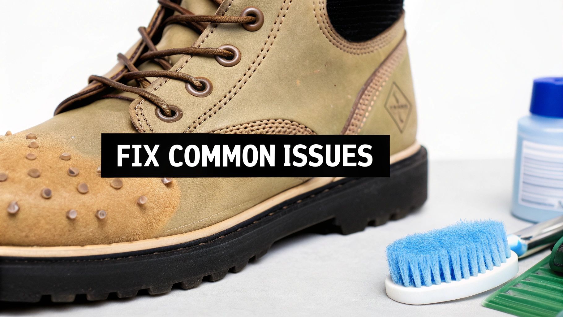 Close-up of a tan leather boot with a cleaning brush and solution, displaying 'FIX COMMON ISSUES' text.