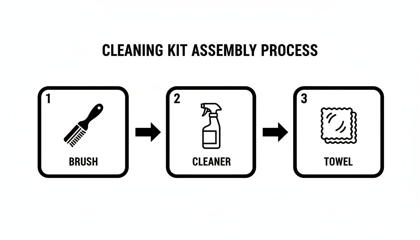 A three-step cleaning kit assembly process diagram showing a brush, cleaner bottle, and towel.