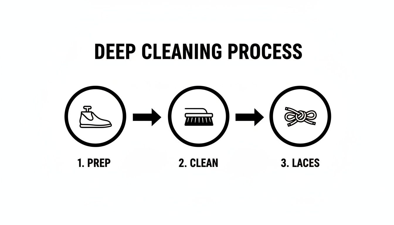 A 'DEEP CLEANING PROCESS' infographic showing three steps: Prep, Clean, and Laces, with corresponding icons.