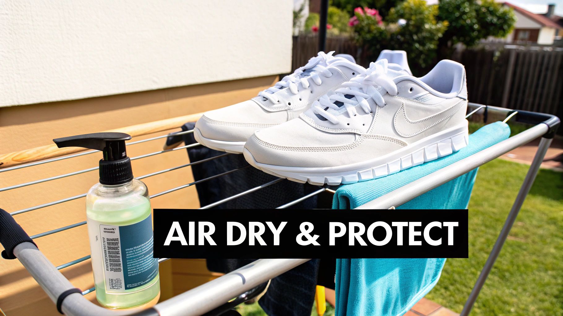 White sneakers air drying on a clothes rack outdoors, with a cleaning bottle and blue cloth.