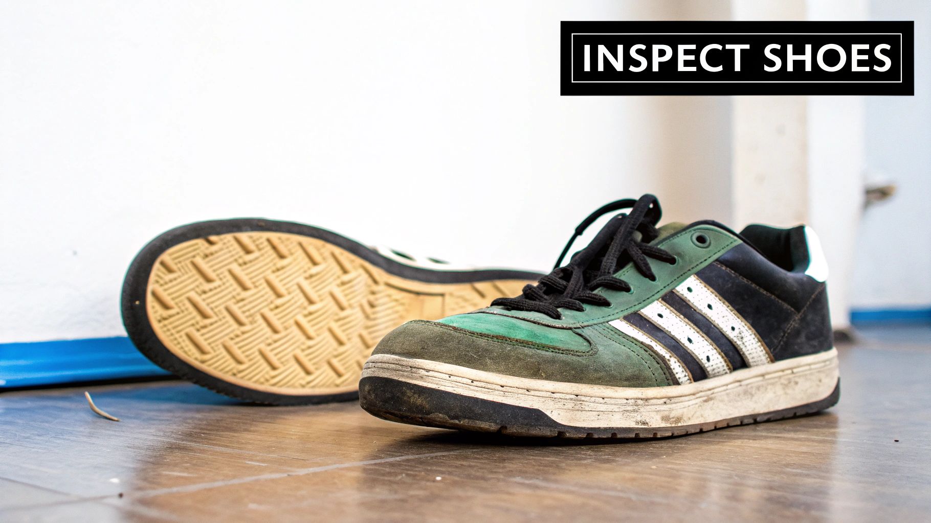 A pair of worn, dirty green and black sneakers with white stripes on a wooden floor, with one shoe turned over to show its sole.