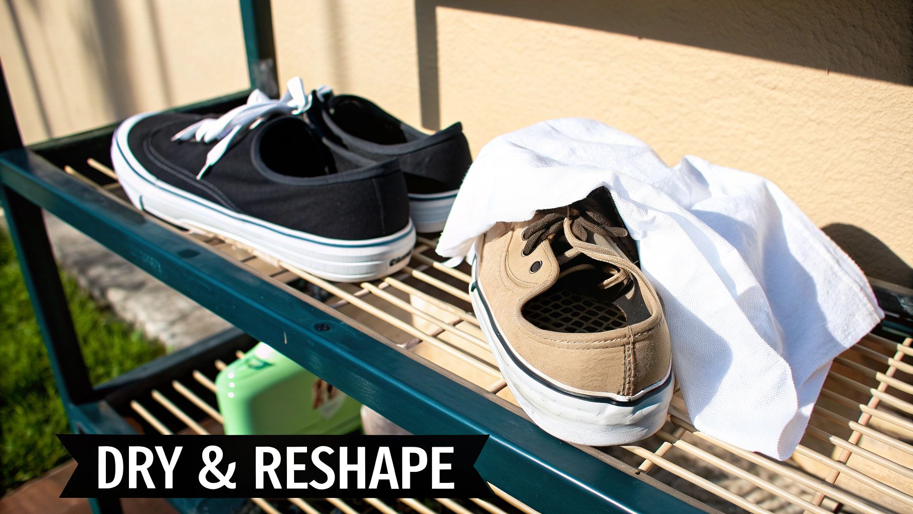 Two pairs of canvas shoes, black and tan, drying on a wooden rack after cleaning, with a white cloth for reshaping.