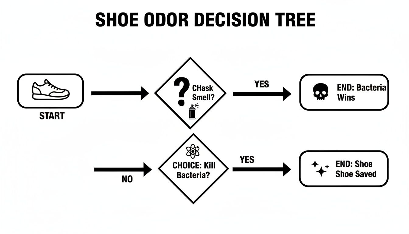 A decision tree flowchart for shoe odor management, showing steps to address and eliminate smell.