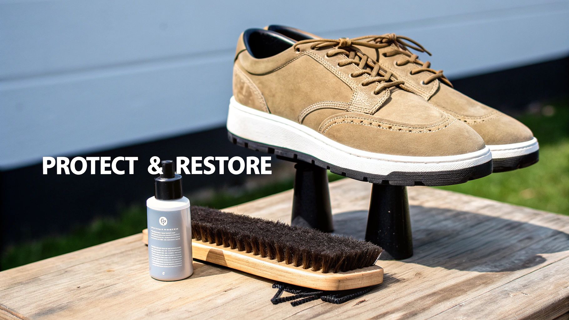Tan nubuck shoes displayed stands with a shoe cleaner bottle and brush on a wooden table.