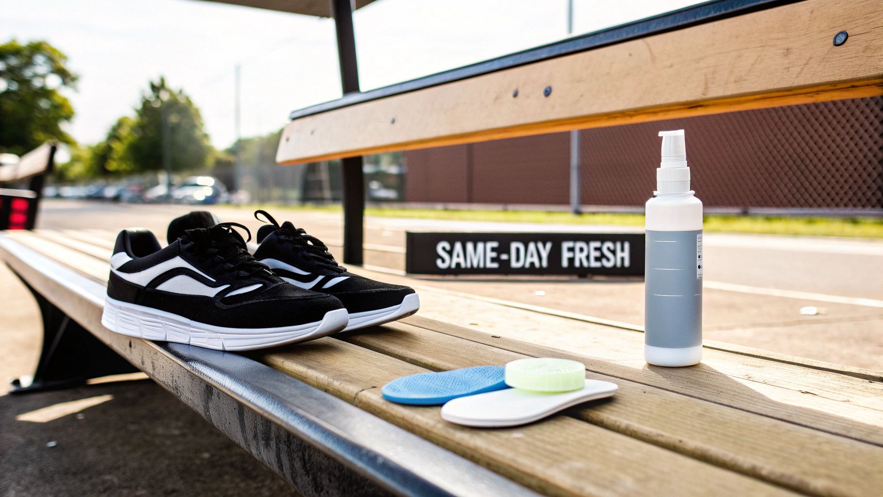 Sneaker materials lined up for cleaning