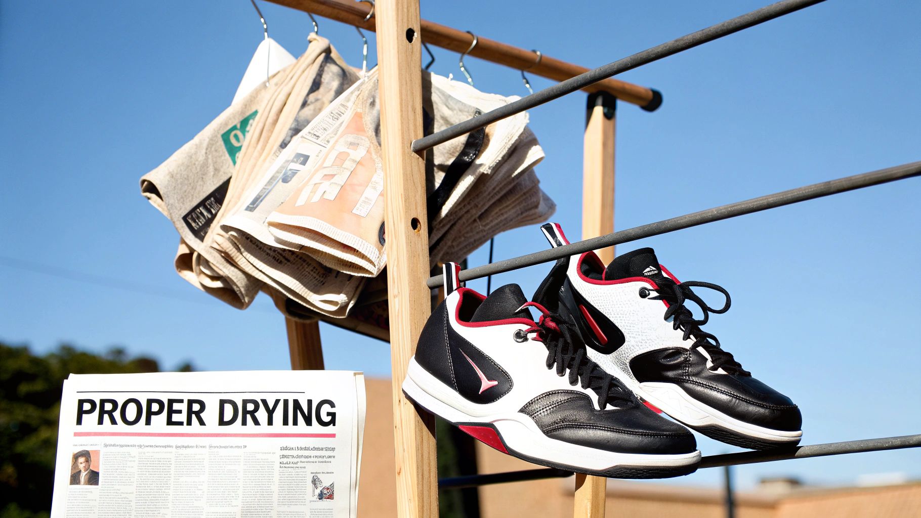 A pair of black, white, and red basketball shoes drying on a rack under a clear blue sky.