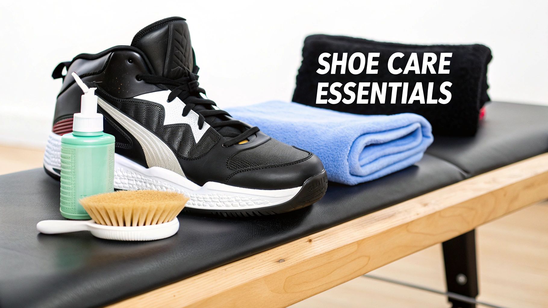 Basketball shoe, cleaning solution, brush, and towels on a bench, representing shoe care essentials.