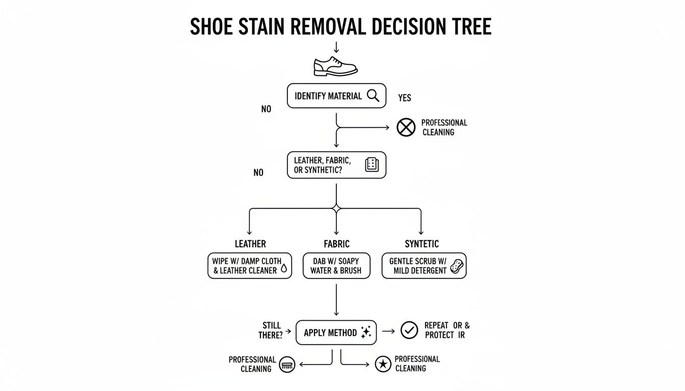 A decision tree flowchart illustrating steps to remove stains from shoes based on their material type.