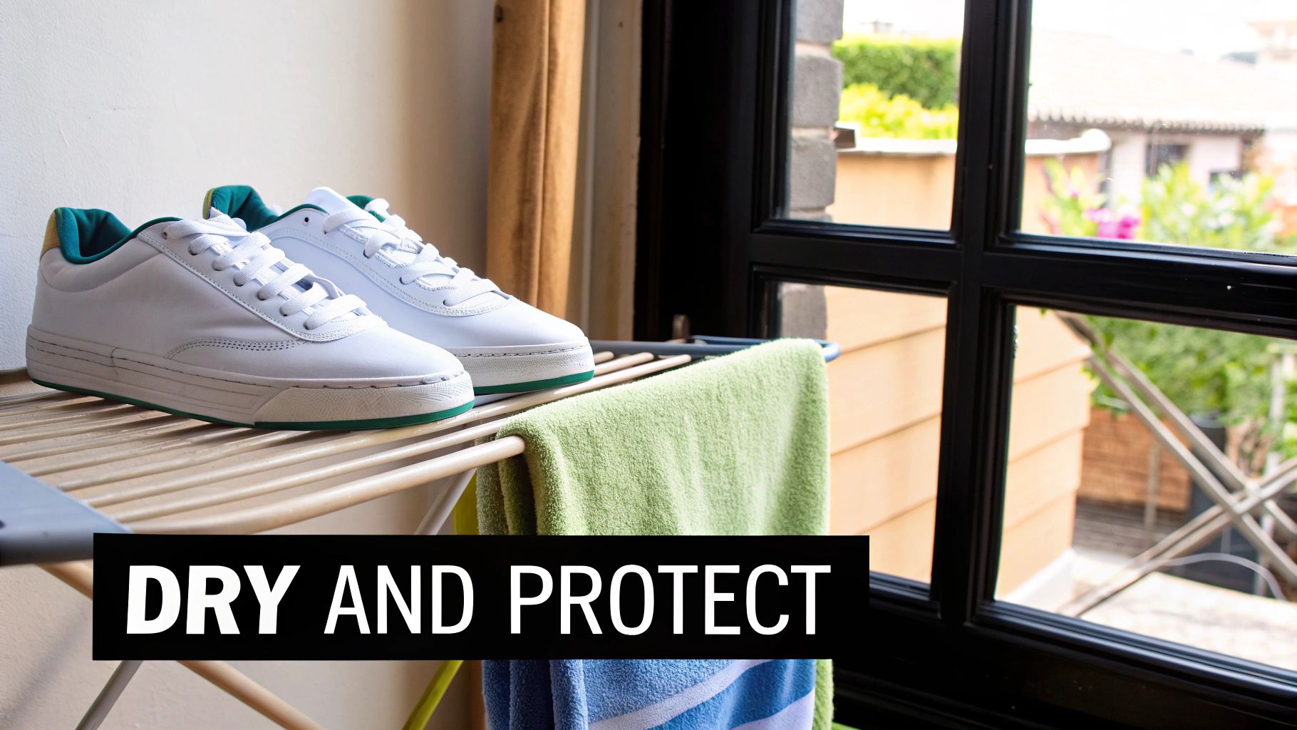 White sneakers with green trim drying on a clothes rack indoors, with towels, beside a window overlooking a garden.