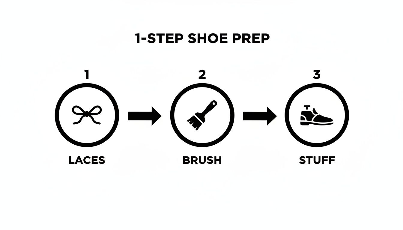 A visual guide detailing a 3-step shoe preparation process: laces, brush, and stuff.
