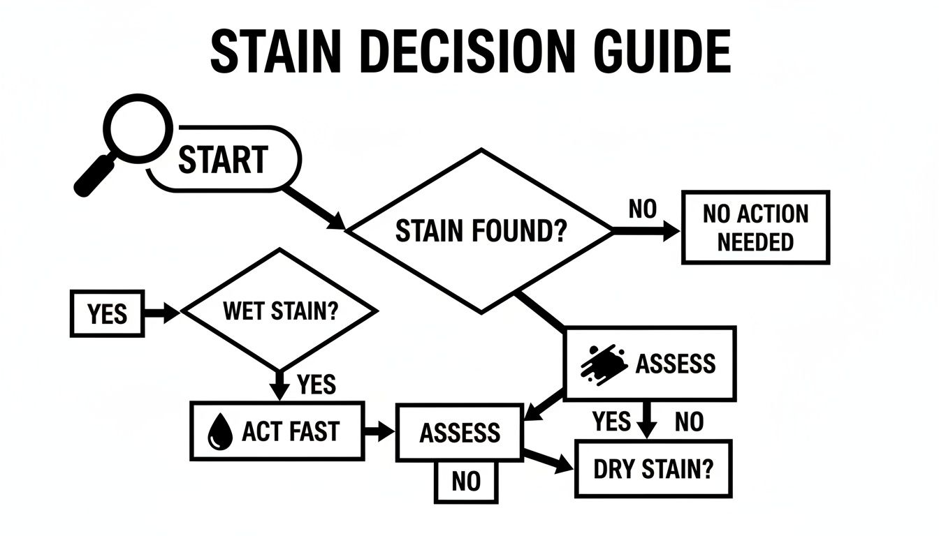 Flowchart titled 'Stain Decision Guide' showing steps for assessing and acting on wet or dry stains.