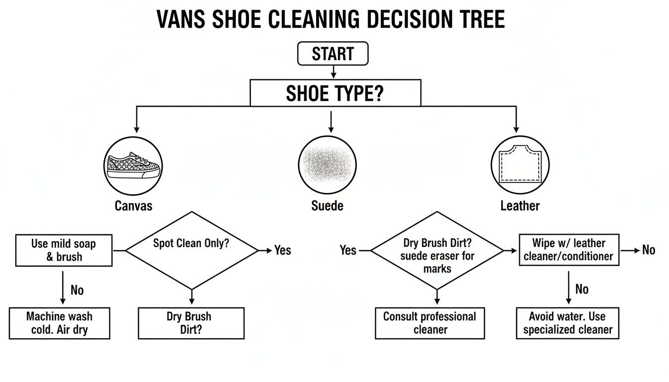 A detailed Vans shoe cleaning decision tree flowchart for canvas, suede, and leather materials.