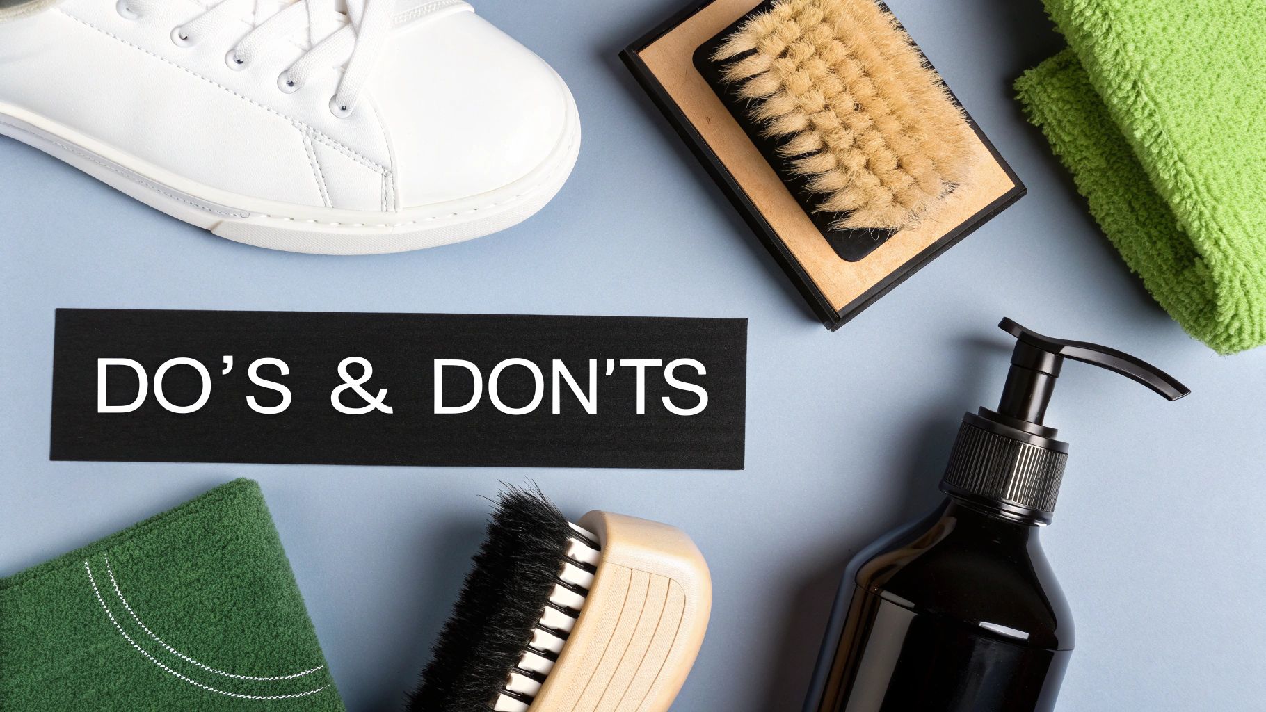 White sneaker, shoe brushes, cleaning cloths, and a pump bottle with a 'DO'S & DON'TS' sign.