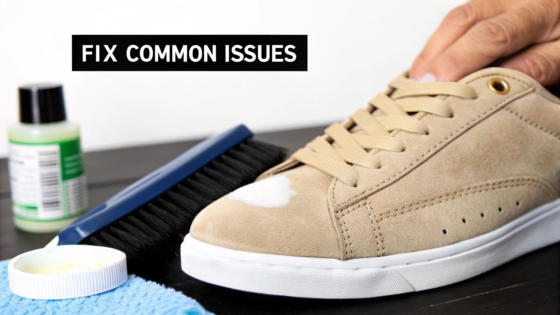 A person cleaning a tan suede shoe with a white cleaning product and a brush on a dark surface.