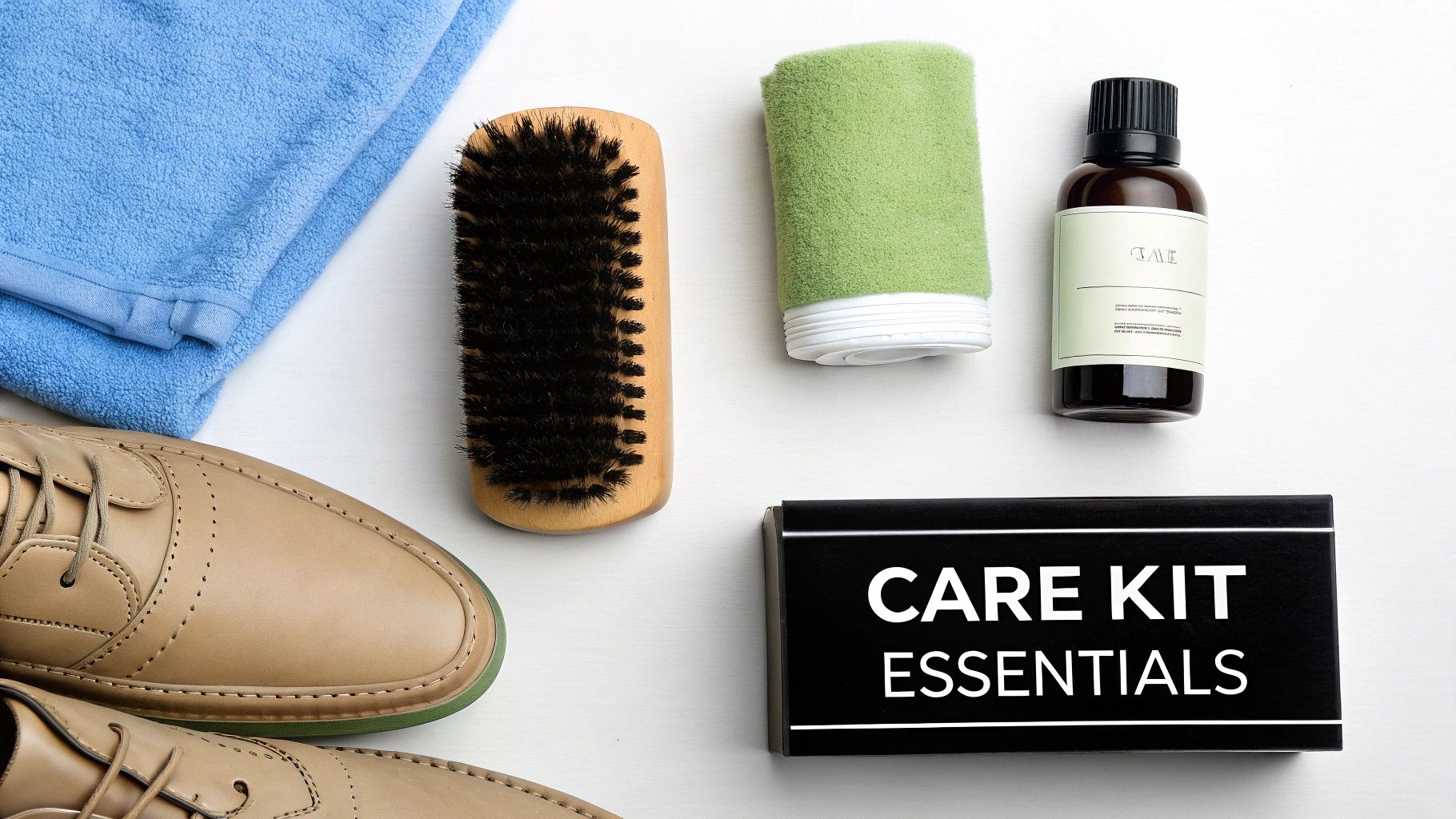 A flat lay of shoe care essentials including beige leather shoes, a brush, cleaner, and a care kit box.