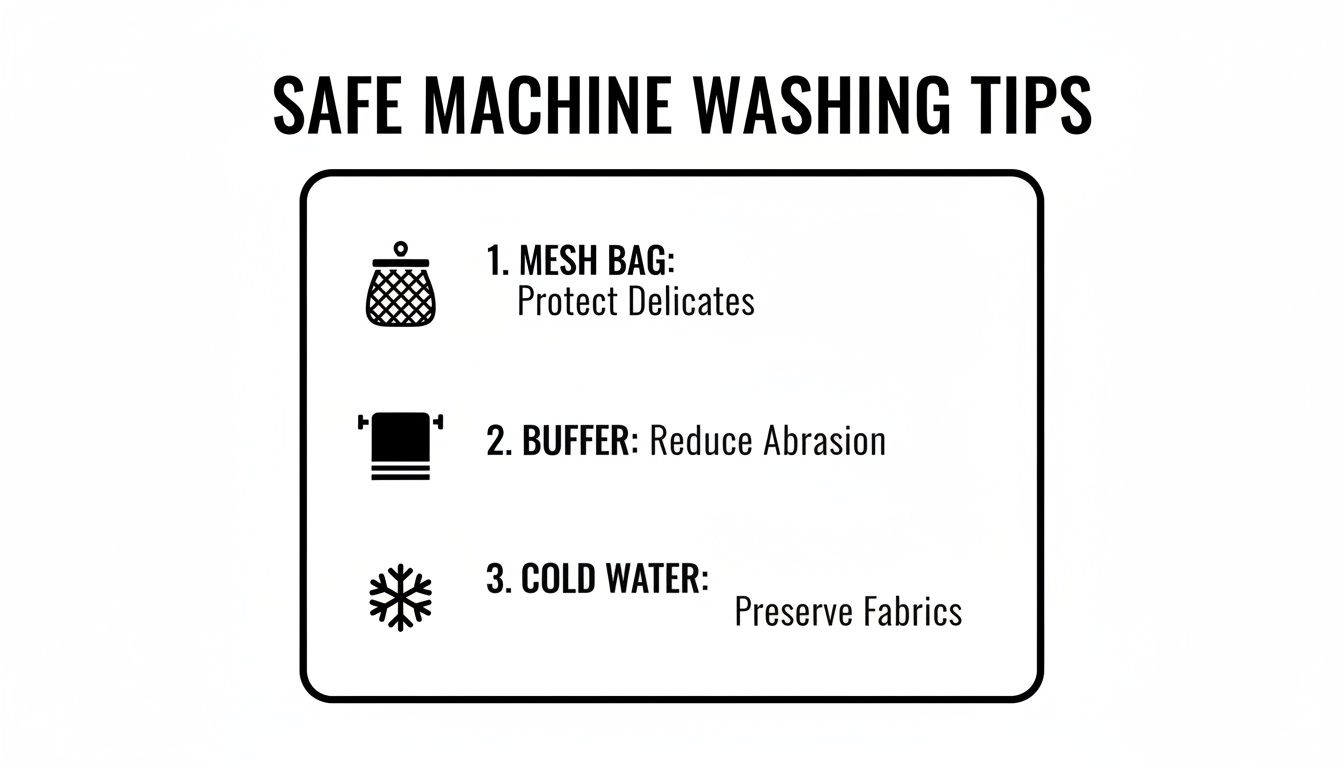 Visual guide with three safe machine washing tips: mesh bag, buffer, and cold water.