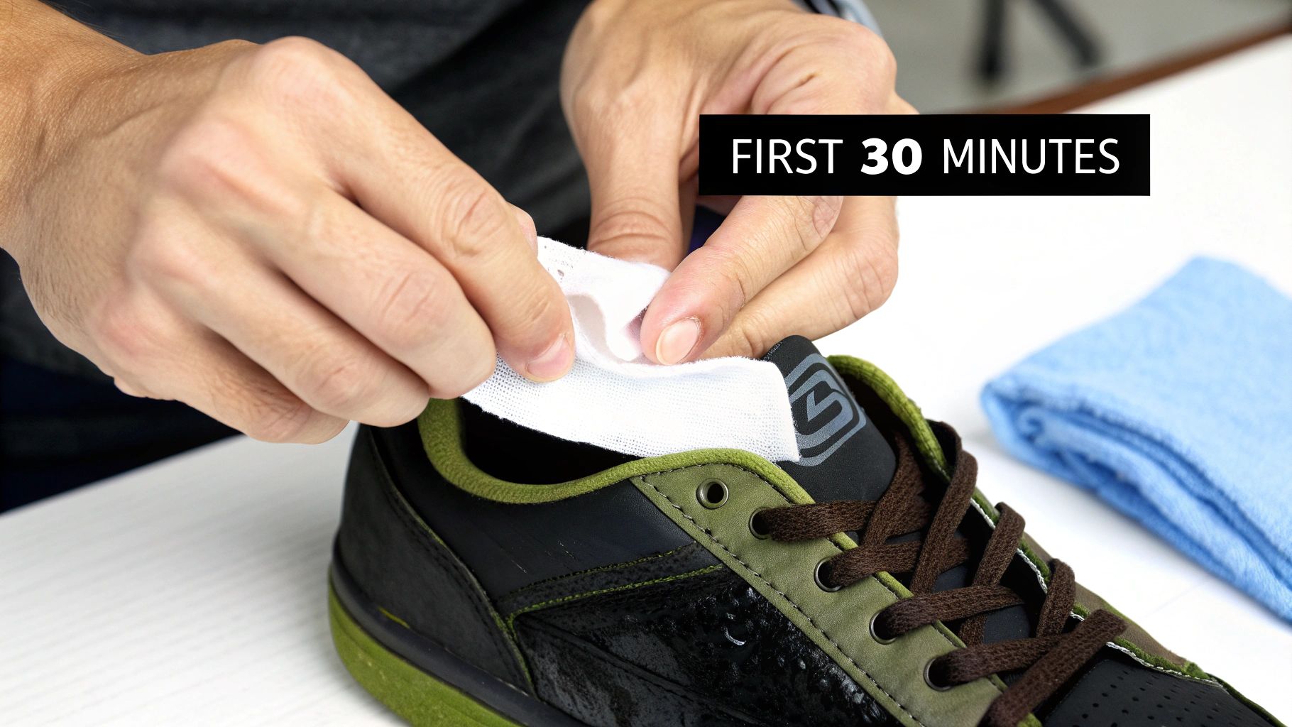 Hands carefully insert a white cloth into a black and green sneaker to absorb moisture.