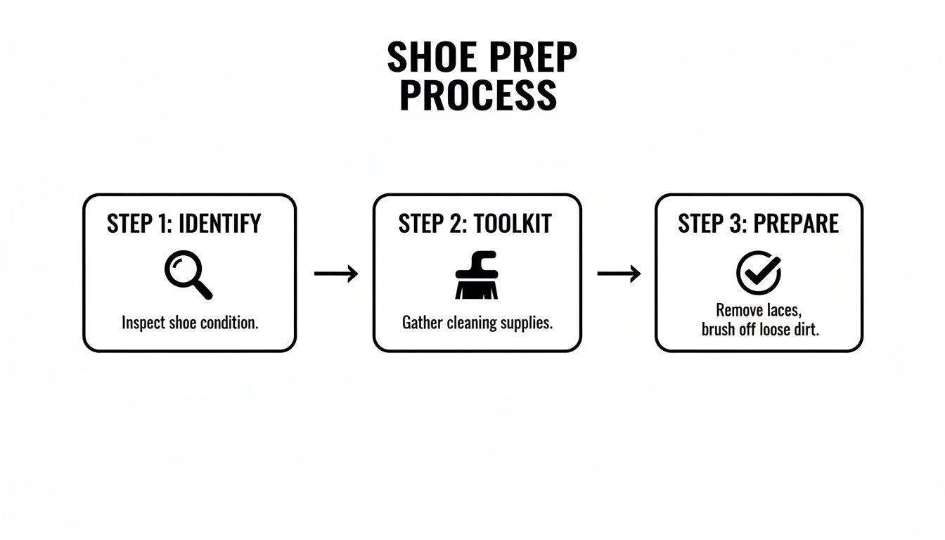 A three-step diagram illustrating the shoe preparation process: identify, toolkit, and prepare for cleaning.