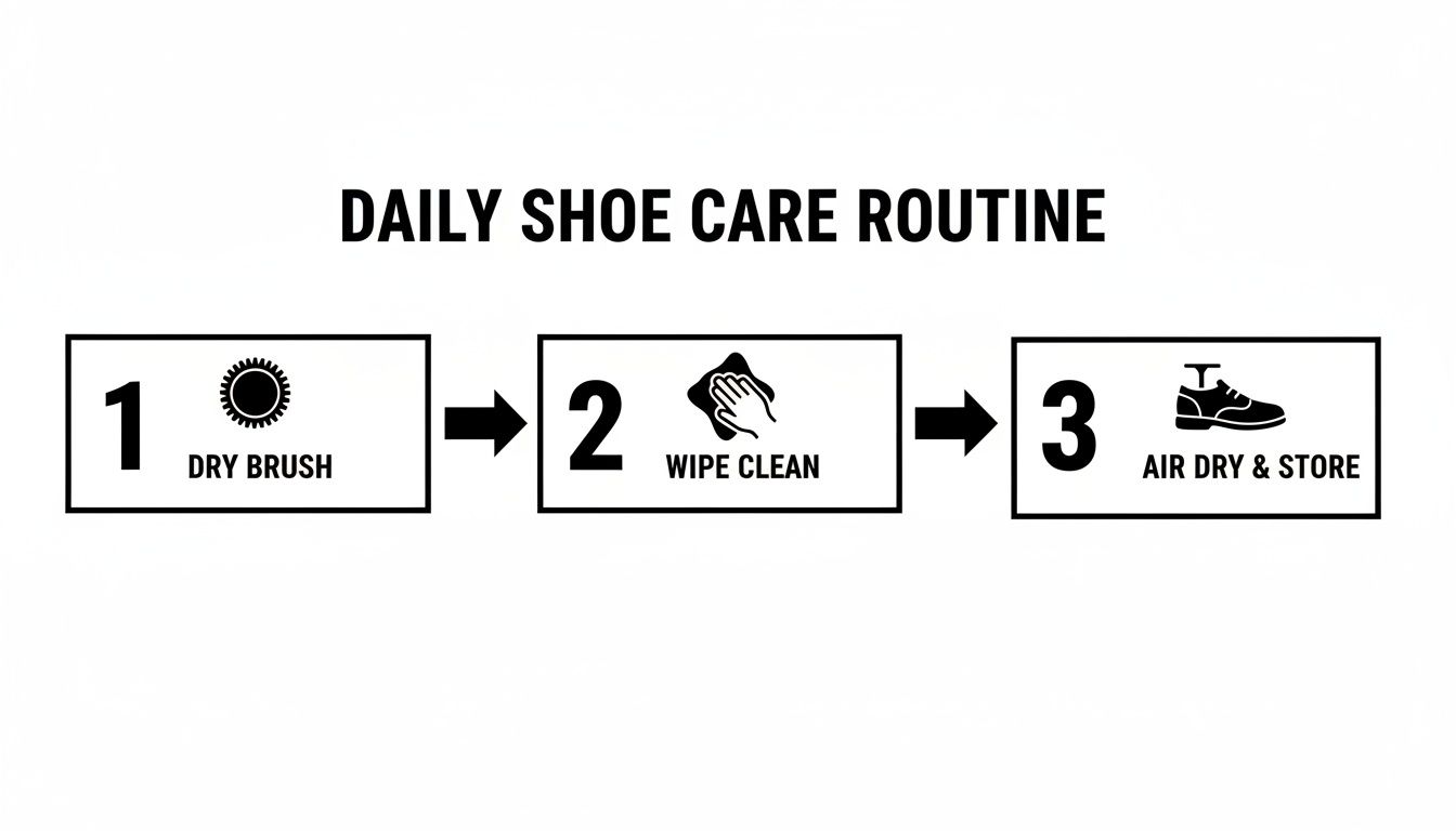 A simple infographic showing a 3-step daily shoe care routine: dry brush, wipe clean, air dry and store.