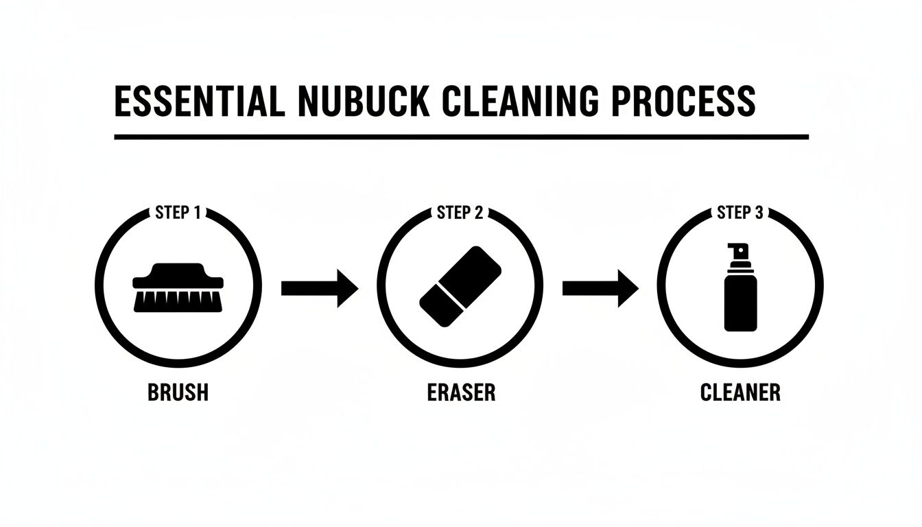 An infographic illustrating the essential nubuck cleaning process with three steps: brush, eraser, and cleaner.